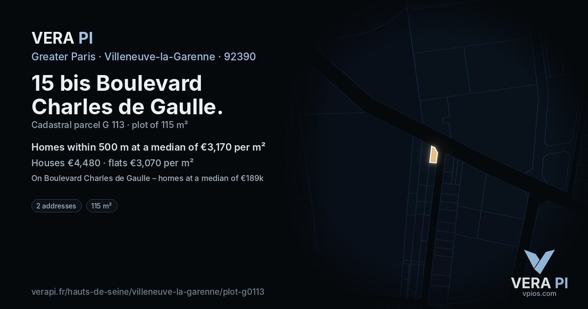 15 bis Boulevard Charles de Gaulle, Villeneuve-la-Garenne at night – the plot lit, the parcels around coloured by the prices near them