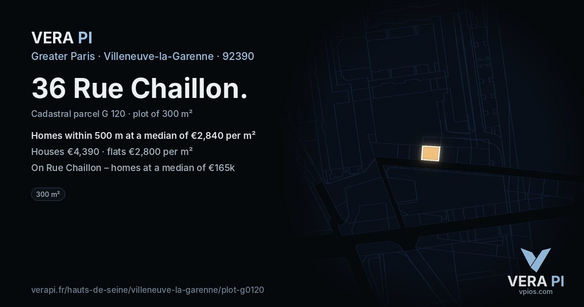 36 Rue Chaillon, Villeneuve-la-Garenne at night – the plot lit, the parcels around coloured by the prices near them