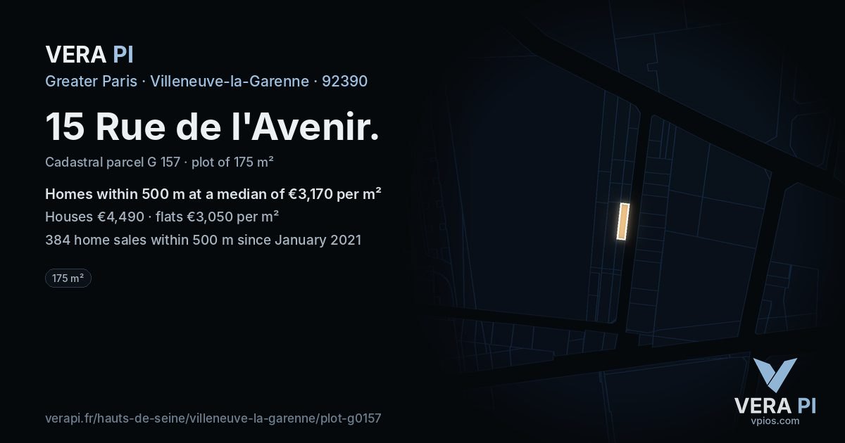 15 Rue de l'Avenir, Villeneuve-la-Garenne at night – the plot lit, the parcels around coloured by the prices near them