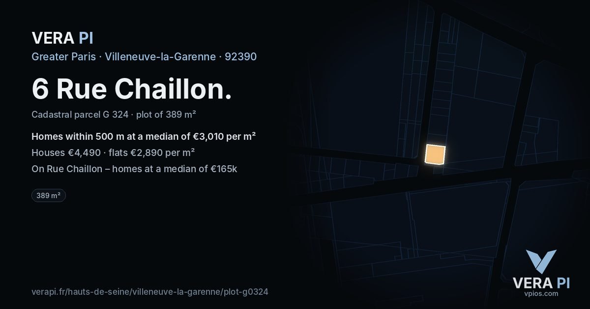 6 Rue Chaillon, Villeneuve-la-Garenne at night – the plot lit, the parcels around coloured by the prices near them