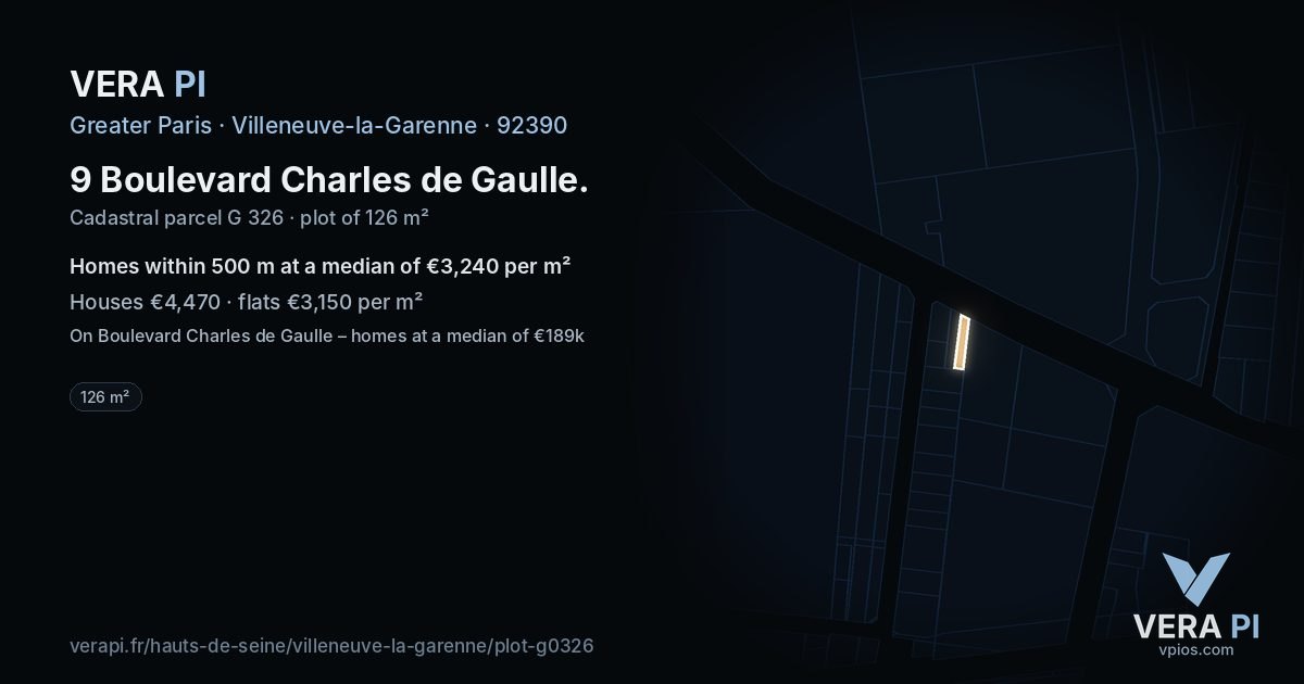 9 Boulevard Charles de Gaulle, Villeneuve-la-Garenne at night – the plot lit, the parcels around coloured by the prices near them