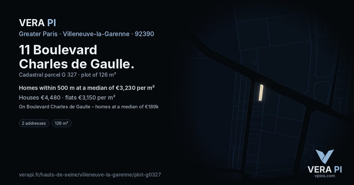 11 Boulevard Charles de Gaulle, Villeneuve-la-Garenne at night – the plot lit, the parcels around coloured by the prices near them