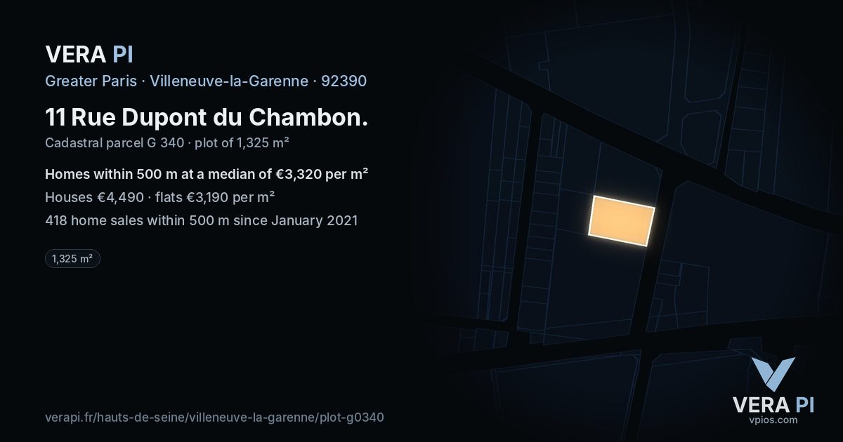11 Rue Dupont du Chambon, Villeneuve-la-Garenne at night – the plot lit, the parcels around coloured by the prices near them