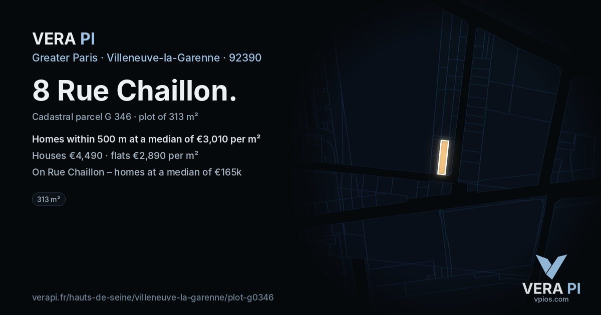 8 Rue Chaillon, Villeneuve-la-Garenne at night – the plot lit, the parcels around coloured by the prices near them