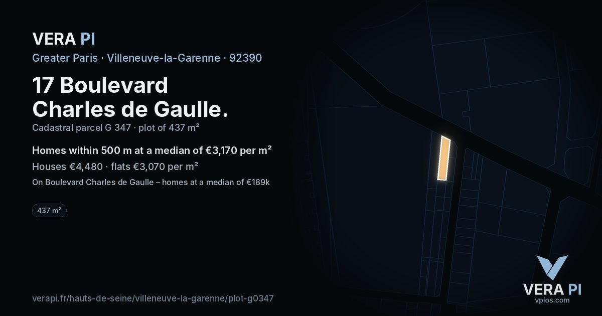 17 Boulevard Charles de Gaulle, Villeneuve-la-Garenne at night – the plot lit, the parcels around coloured by the prices near them