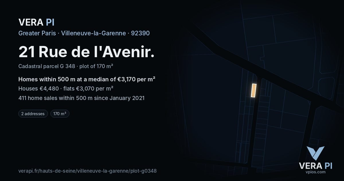 21 Rue de l'Avenir, Villeneuve-la-Garenne at night – the plot lit, the parcels around coloured by the prices near them