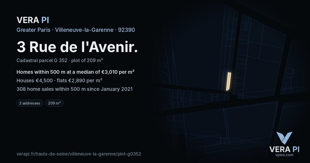 3 Rue de l'Avenir, Villeneuve-la-Garenne at night – the plot lit, the parcels around coloured by the prices near them