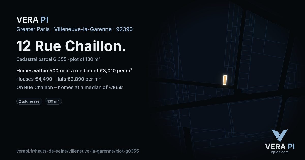 12 Rue Chaillon, Villeneuve-la-Garenne at night – the plot lit, the parcels around coloured by the prices near them