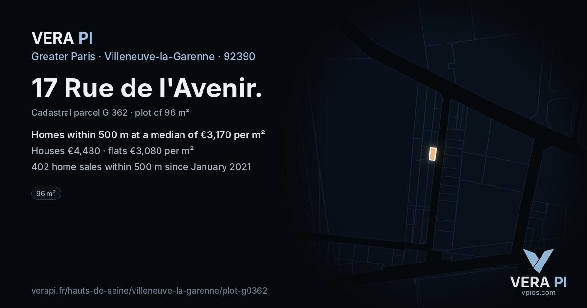 17 Rue de l'Avenir, Villeneuve-la-Garenne at night – the plot lit, the parcels around coloured by the prices near them