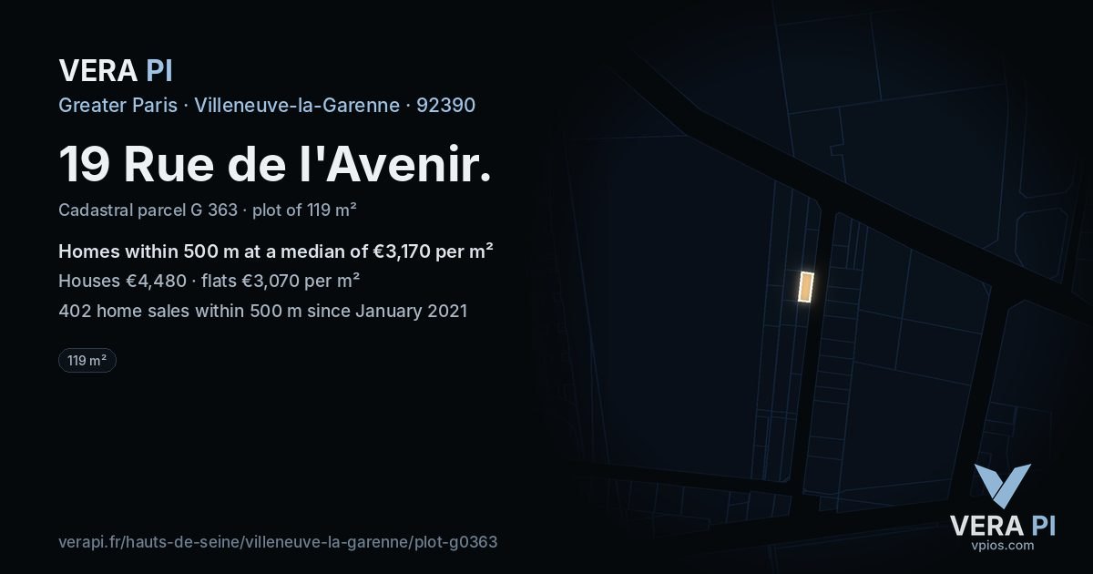 19 Rue de l'Avenir, Villeneuve-la-Garenne at night – the plot lit, the parcels around coloured by the prices near them