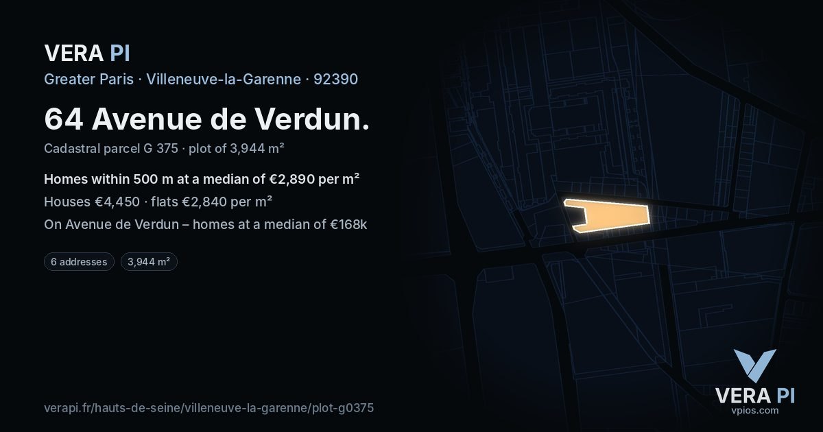 64 Avenue de Verdun, Villeneuve-la-Garenne at night – the plot lit, the parcels around coloured by the prices near them