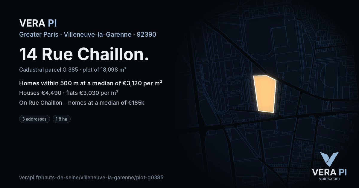 14 Rue Chaillon, Villeneuve-la-Garenne at night – the plot lit, the parcels around coloured by the prices near them