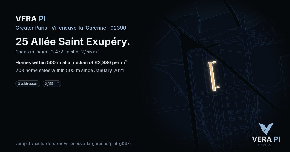 25 Allée Saint Exupéry, Villeneuve-la-Garenne at night – the plot lit, the parcels around coloured by the prices near them