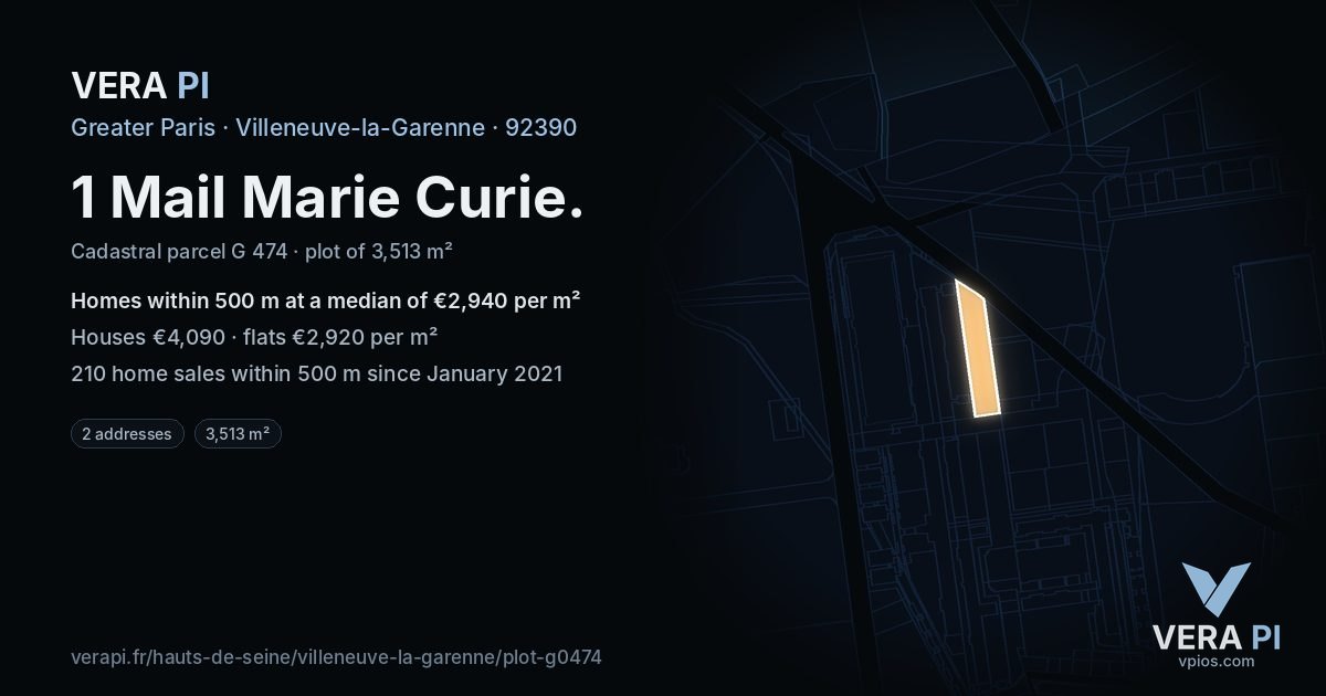 1 Mail Marie Curie, Villeneuve-la-Garenne at night – the plot lit, the parcels around coloured by the prices near them