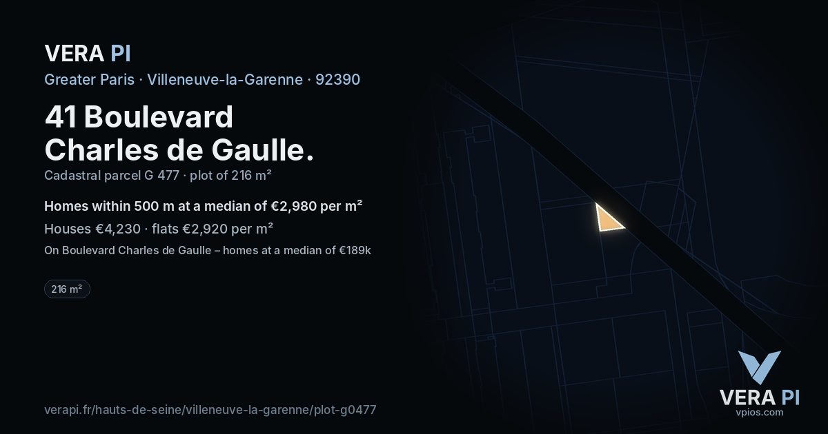 41 Boulevard Charles de Gaulle, Villeneuve-la-Garenne at night – the plot lit, the parcels around coloured by the prices near them