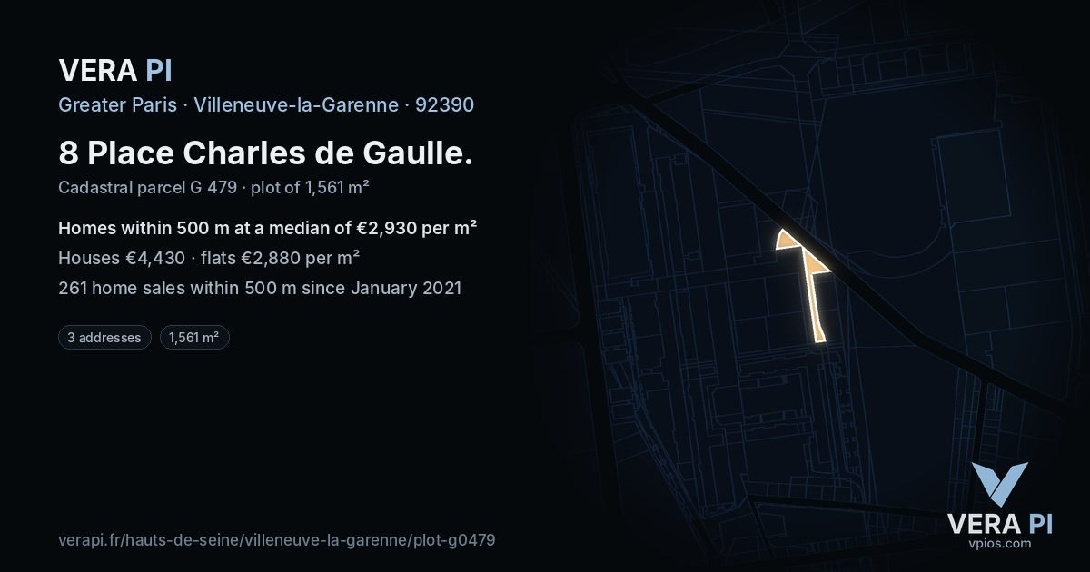 8 Place Charles de Gaulle, Villeneuve-la-Garenne at night – the plot lit, the parcels around coloured by the prices near them