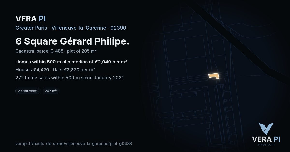 6 Square Gérard Philipe, Villeneuve-la-Garenne at night – the plot lit, the parcels around coloured by the prices near them