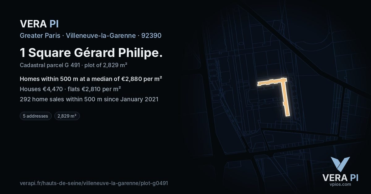 1 Square Gérard Philipe, Villeneuve-la-Garenne at night – the plot lit, the parcels around coloured by the prices near them