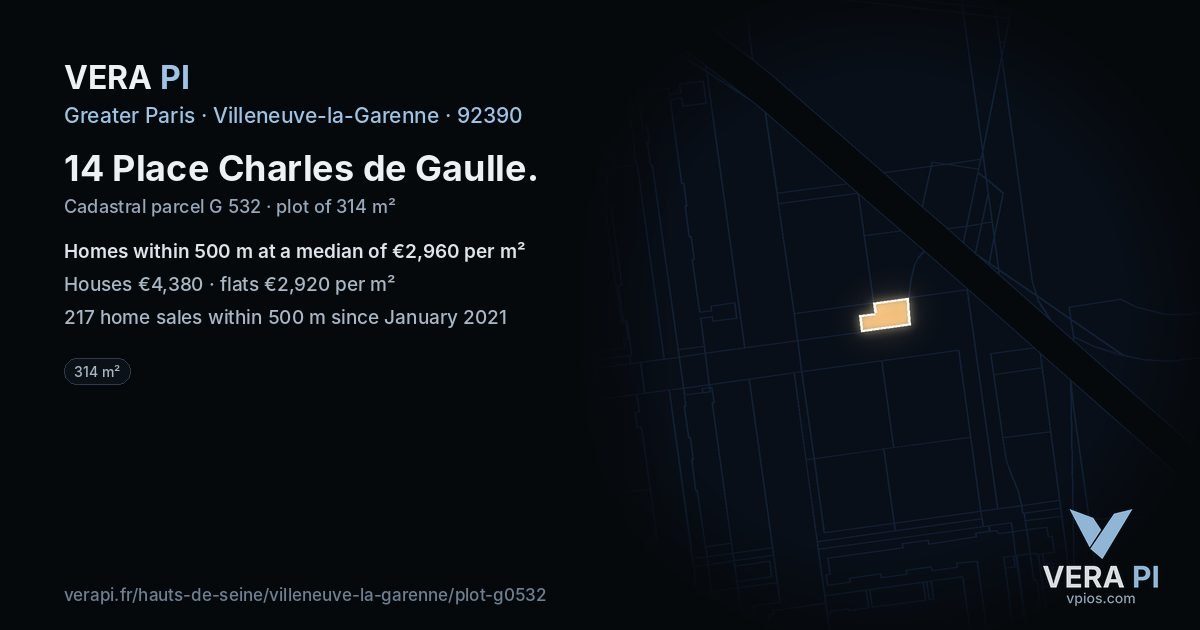 14 Place Charles de Gaulle, Villeneuve-la-Garenne at night – the plot lit, the parcels around coloured by the prices near them