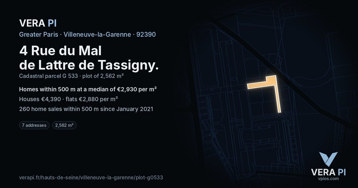 4 Rue du Mal de Lattre de Tassigny, Villeneuve-la-Garenne at night – the plot lit, the parcels around coloured by the prices near them