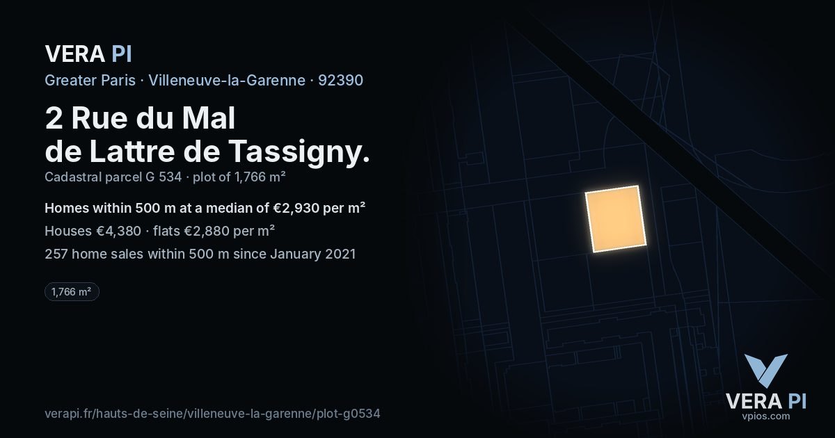 2 Rue du Mal de Lattre de Tassigny, Villeneuve-la-Garenne at night – the plot lit, the parcels around coloured by the prices near them