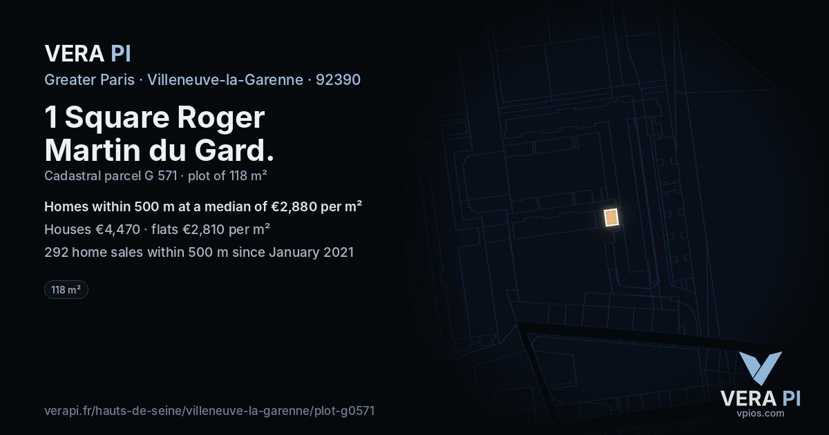 1 Square Roger Martin du Gard, Villeneuve-la-Garenne at night – the plot lit, the parcels around coloured by the prices near them