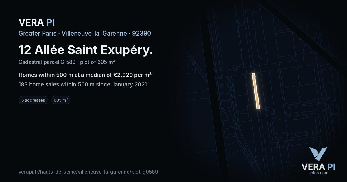 12 Allée Saint Exupéry, Villeneuve-la-Garenne at night – the plot lit, the parcels around coloured by the prices near them