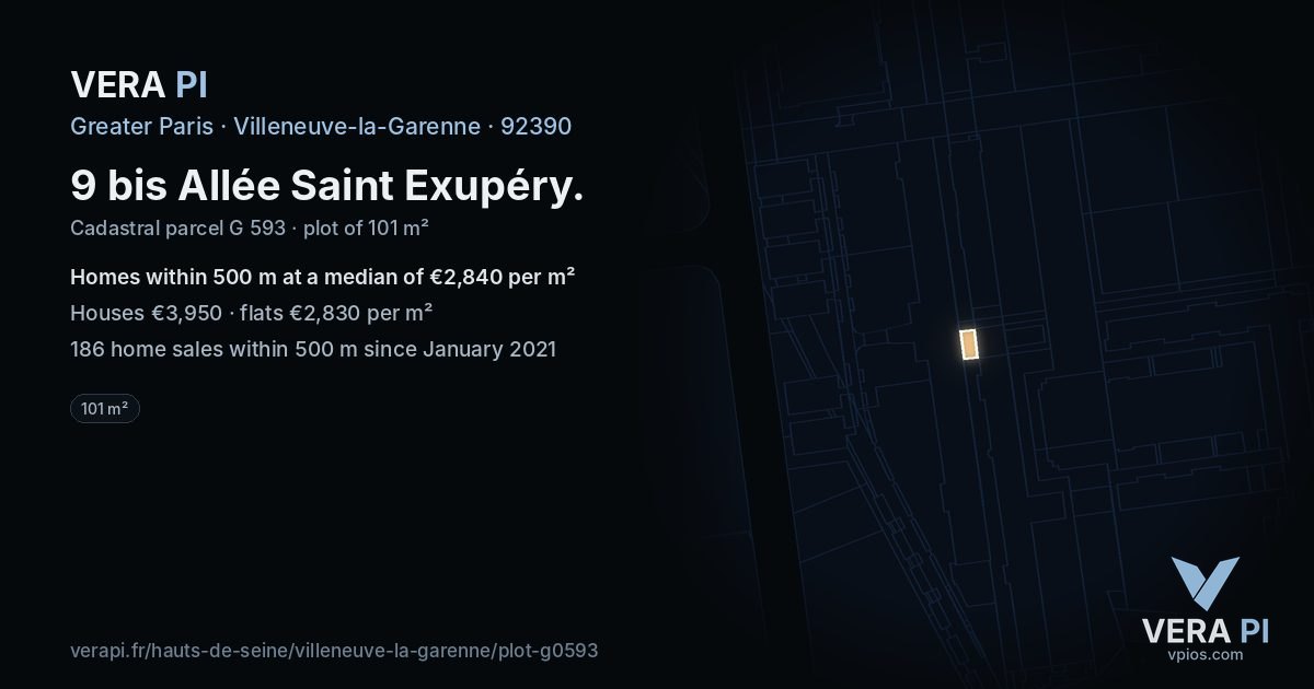 9 bis Allée Saint Exupéry, Villeneuve-la-Garenne at night – the plot lit, the parcels around coloured by the prices near them