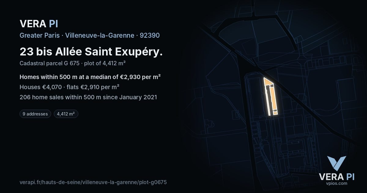 23 bis Allée Saint Exupéry, Villeneuve-la-Garenne at night – the plot lit, the parcels around coloured by the prices near them