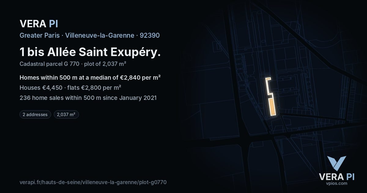 1 bis Allée Saint Exupéry, Villeneuve-la-Garenne at night – the plot lit, the parcels around coloured by the prices near them