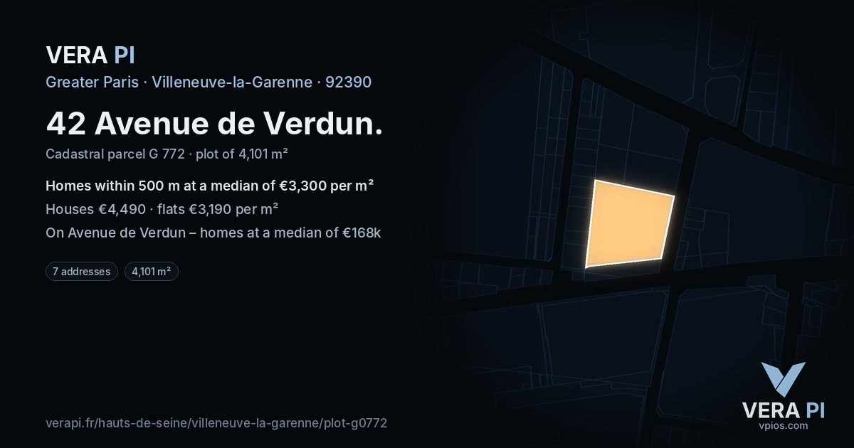 42 Avenue de Verdun, Villeneuve-la-Garenne at night – the plot lit, the parcels around coloured by the prices near them