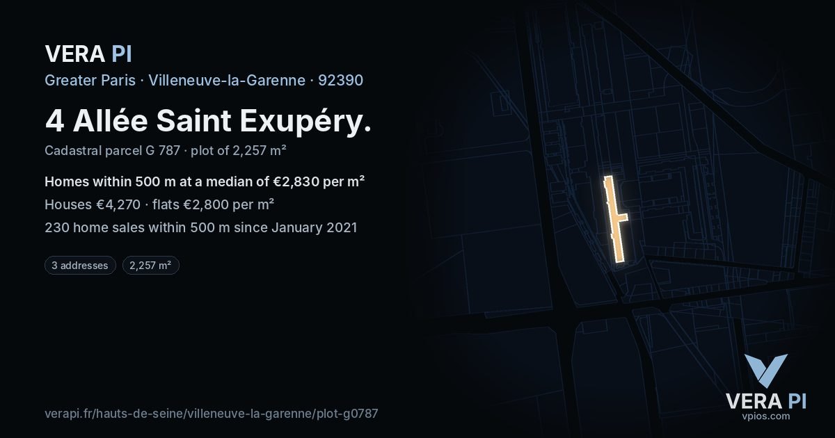 4 Allée Saint Exupéry, Villeneuve-la-Garenne at night – the plot lit, the parcels around coloured by the prices near them