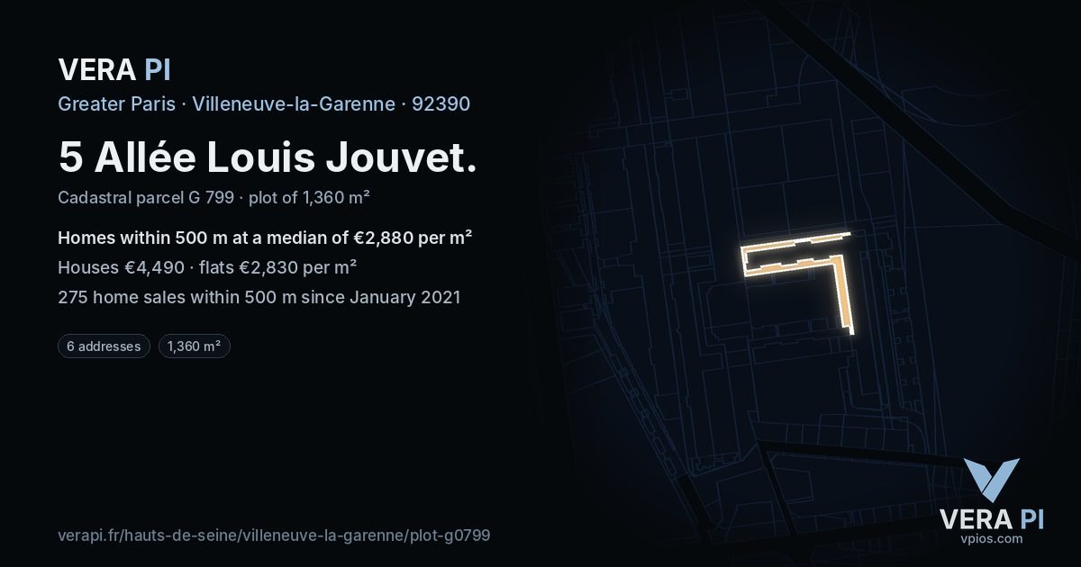 5 Allée Louis Jouvet, Villeneuve-la-Garenne at night – the plot lit, the parcels around coloured by the prices near them