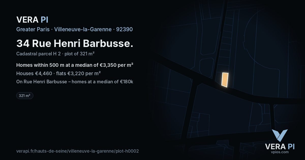 34 Rue Henri Barbusse, Villeneuve-la-Garenne at night – the plot lit, the parcels around coloured by the prices near them