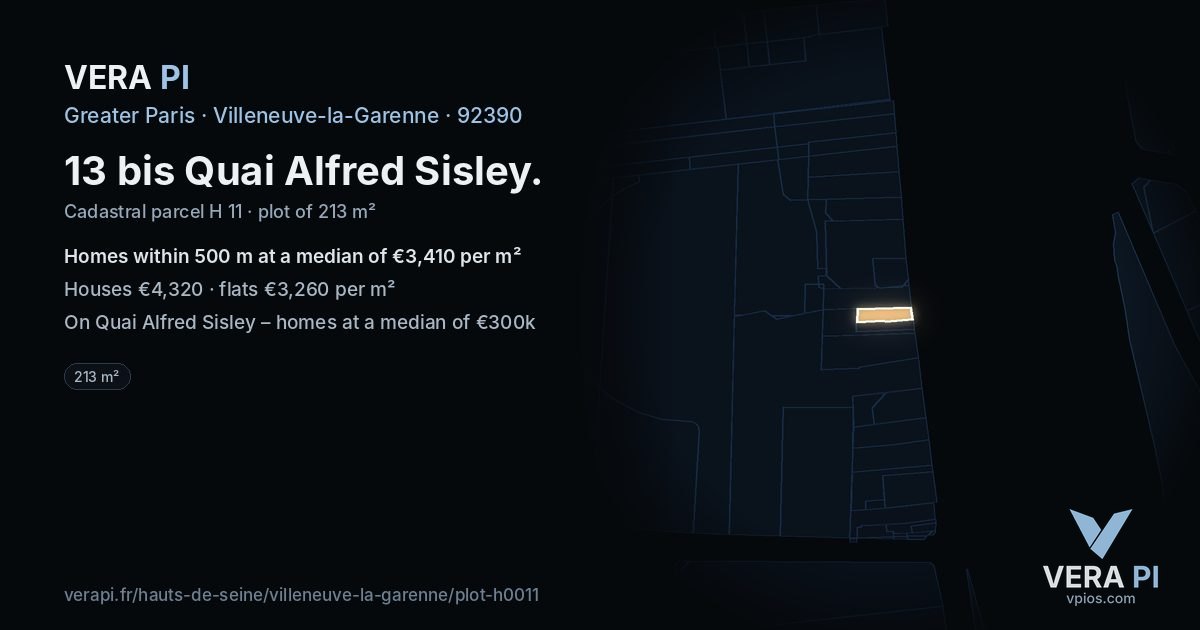 13 bis Quai Alfred Sisley, Villeneuve-la-Garenne at night – the plot lit, the parcels around coloured by the prices near them