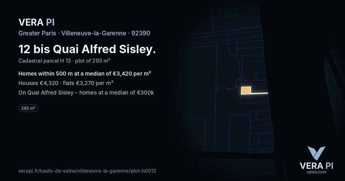 12 bis Quai Alfred Sisley, Villeneuve-la-Garenne at night – the plot lit, the parcels around coloured by the prices near them