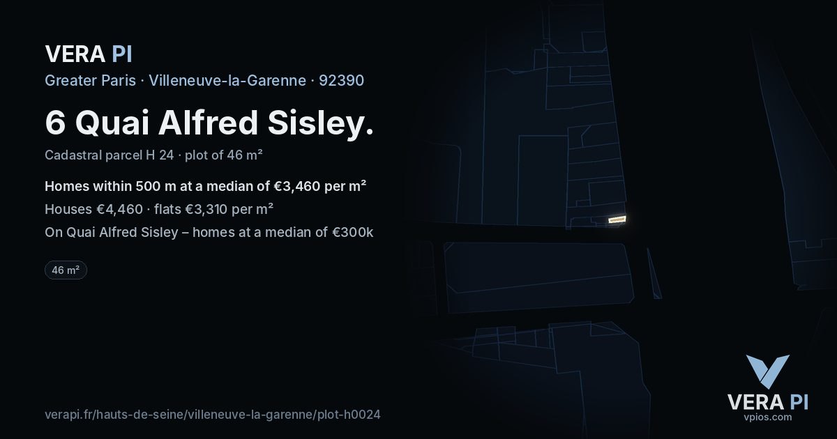 6 Quai Alfred Sisley, Villeneuve-la-Garenne at night – the plot lit, the parcels around coloured by the prices near them