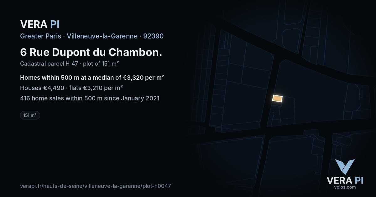 6 Rue Dupont du Chambon, Villeneuve-la-Garenne at night – the plot lit, the parcels around coloured by the prices near them
