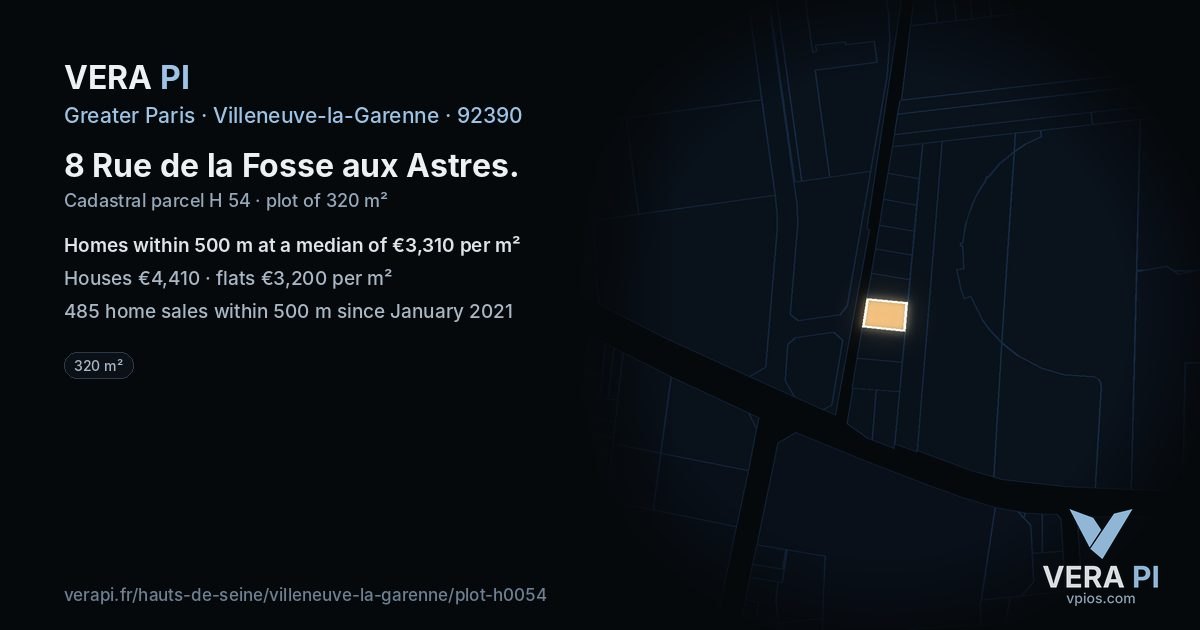 8 Rue de la Fosse aux Astres, Villeneuve-la-Garenne at night – the plot lit, the parcels around coloured by the prices near them