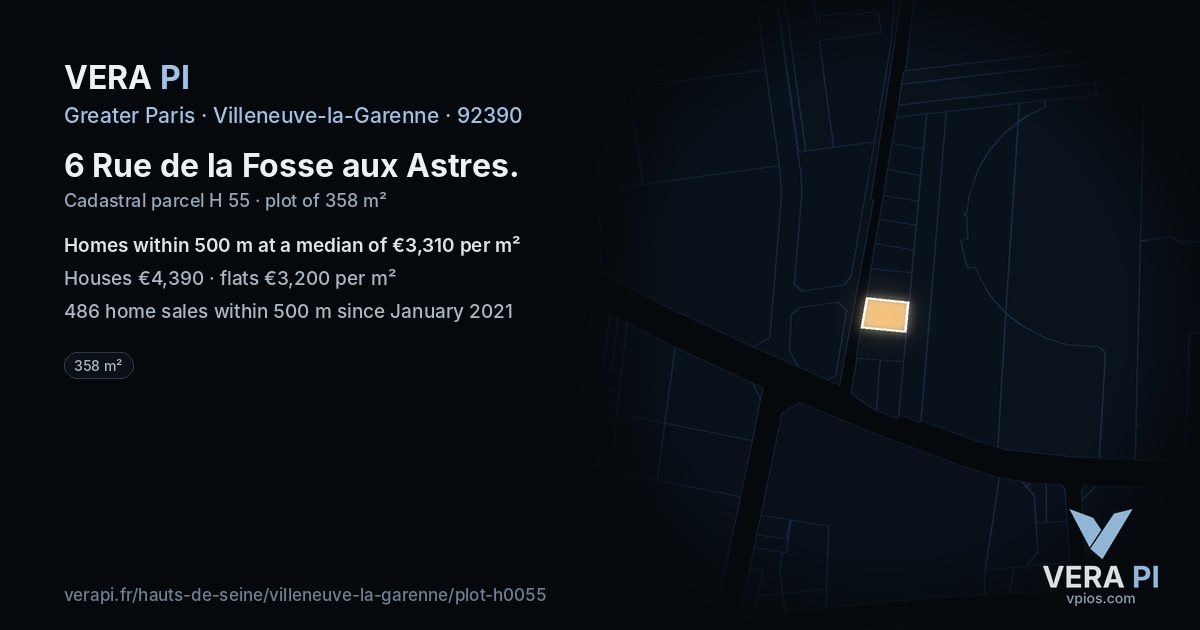 6 Rue de la Fosse aux Astres, Villeneuve-la-Garenne at night – the plot lit, the parcels around coloured by the prices near them