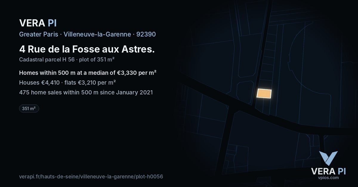4 Rue de la Fosse aux Astres, Villeneuve-la-Garenne at night – the plot lit, the parcels around coloured by the prices near them