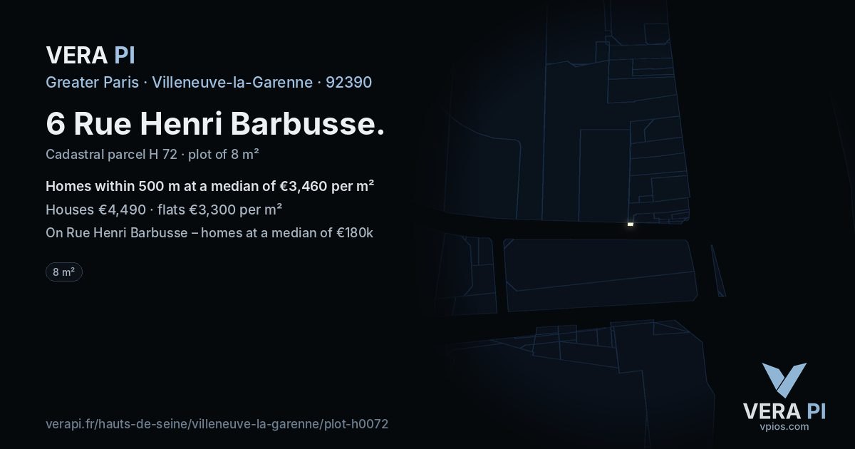 6 Rue Henri Barbusse, Villeneuve-la-Garenne at night – the plot lit, the parcels around coloured by the prices near them