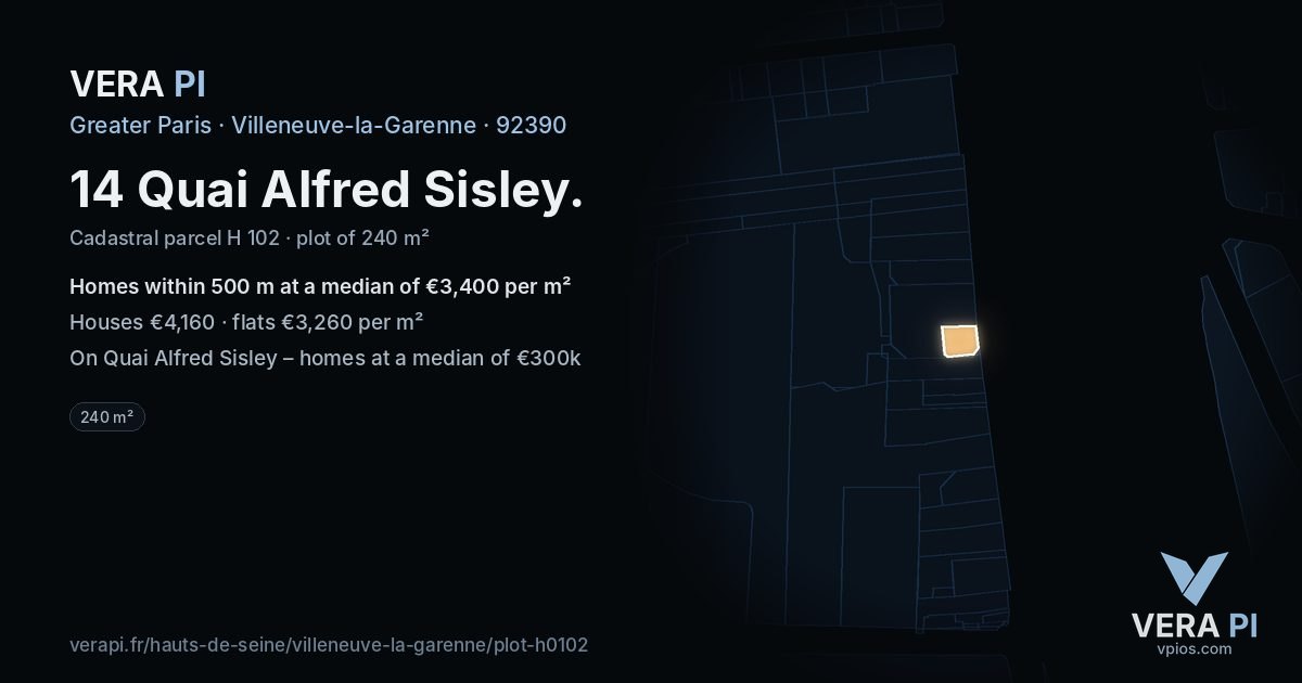 14 Quai Alfred Sisley, Villeneuve-la-Garenne at night – the plot lit, the parcels around coloured by the prices near them