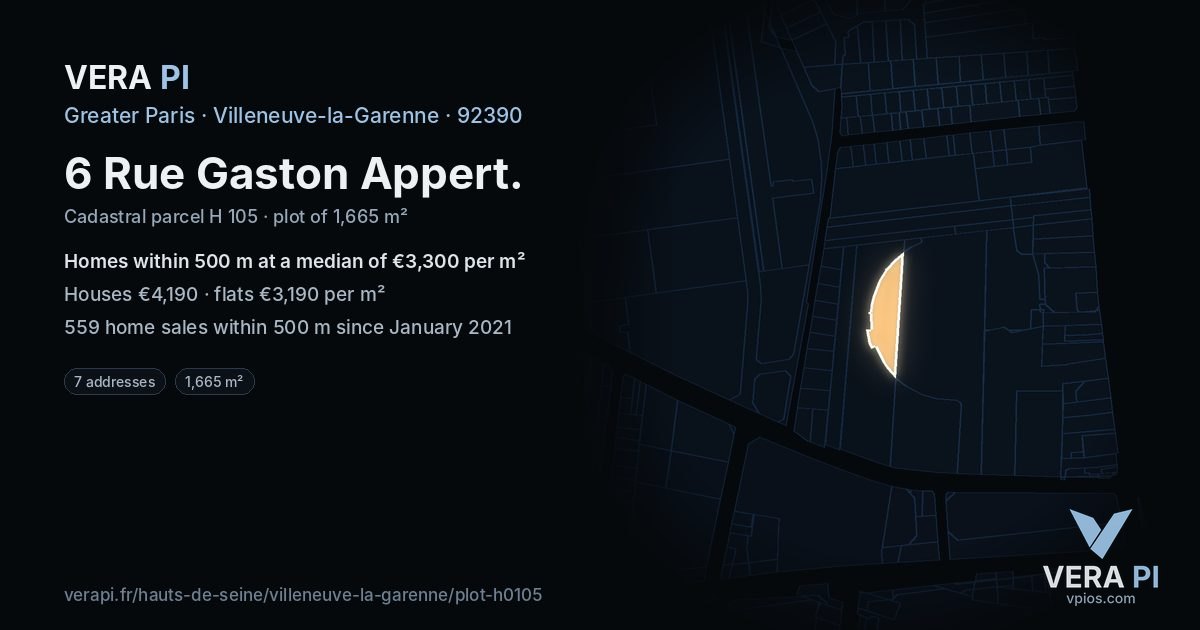 6 Rue Gaston Appert, Villeneuve-la-Garenne at night – the plot lit, the parcels around coloured by the prices near them