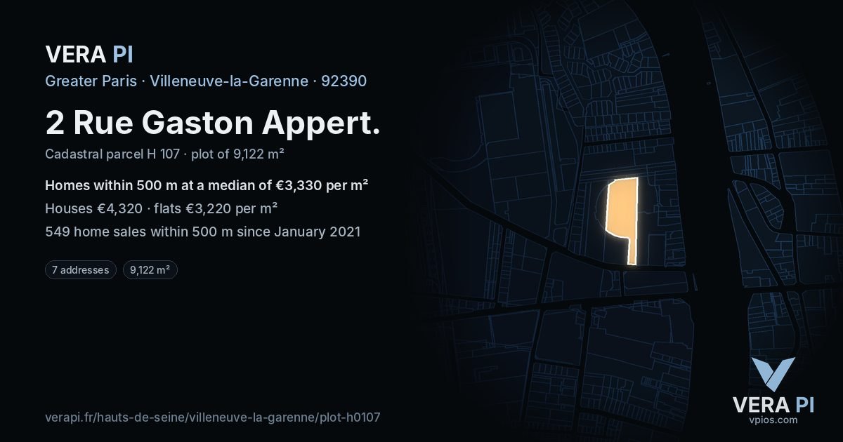 2 Rue Gaston Appert, Villeneuve-la-Garenne at night – the plot lit, the parcels around coloured by the prices near them