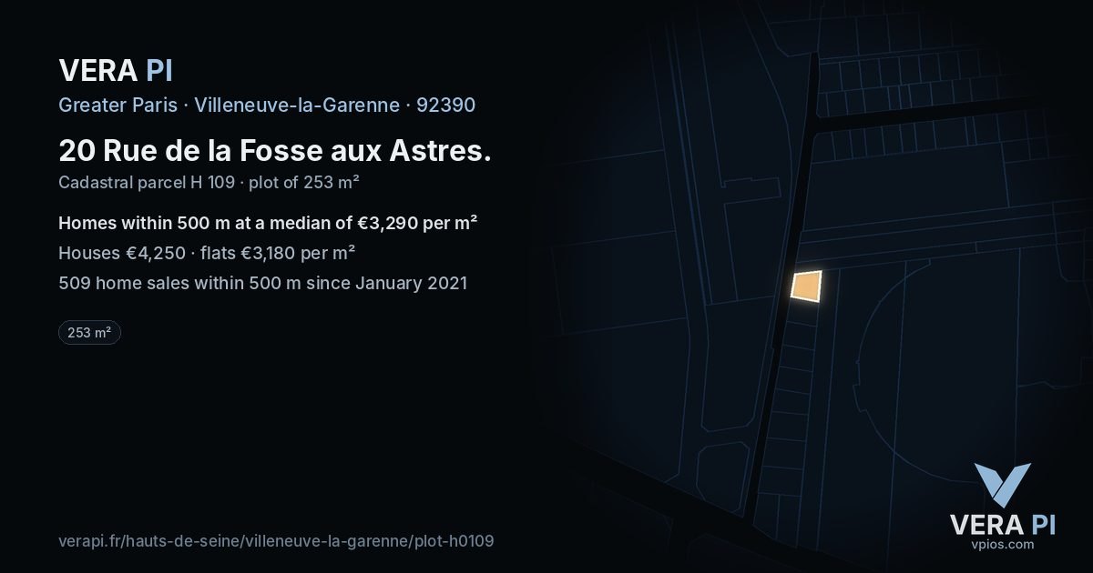 20 Rue de la Fosse aux Astres, Villeneuve-la-Garenne at night – the plot lit, the parcels around coloured by the prices near them