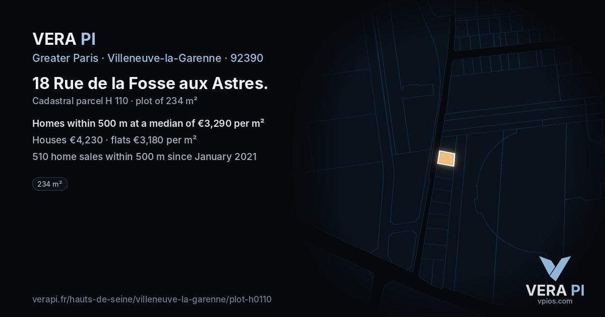 18 Rue de la Fosse aux Astres, Villeneuve-la-Garenne at night – the plot lit, the parcels around coloured by the prices near them