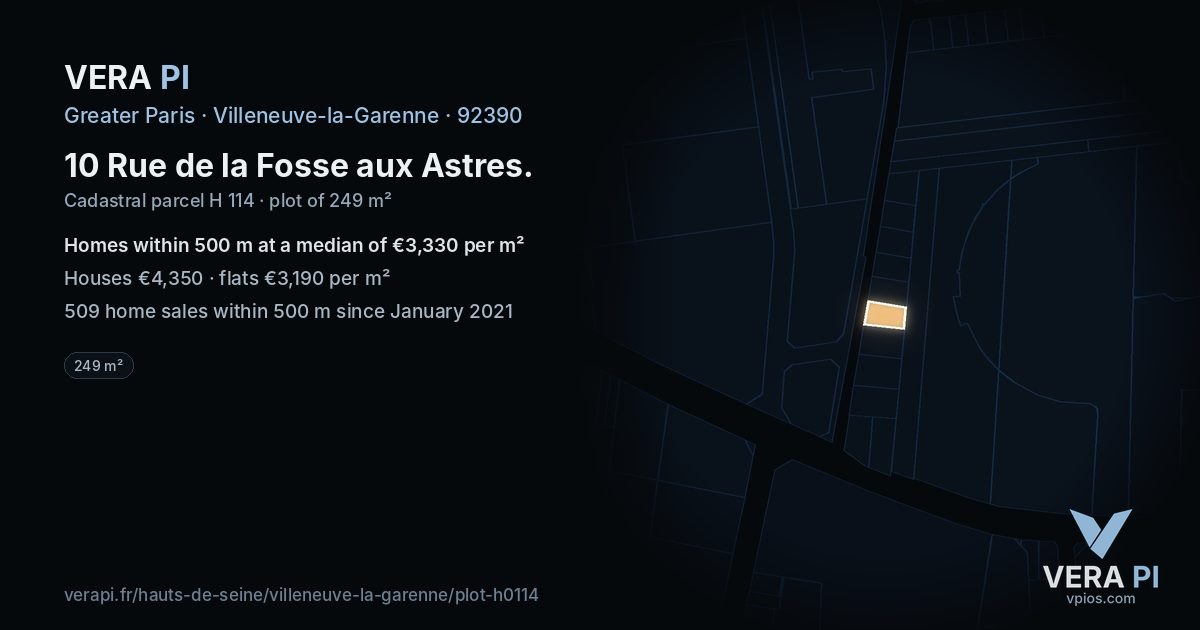 10 Rue de la Fosse aux Astres, Villeneuve-la-Garenne at night – the plot lit, the parcels around coloured by the prices near them
