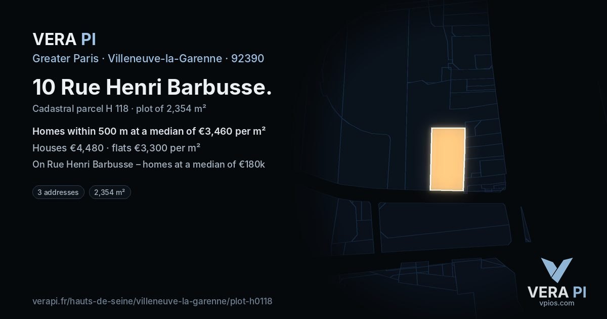 10 Rue Henri Barbusse, Villeneuve-la-Garenne at night – the plot lit, the parcels around coloured by the prices near them