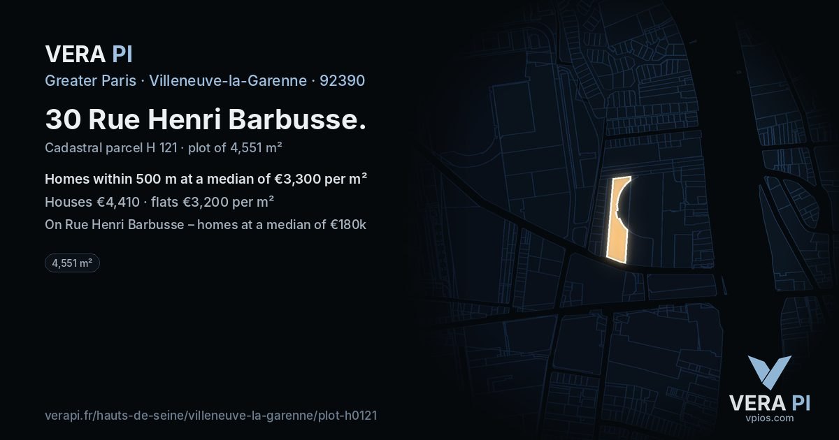 30 Rue Henri Barbusse, Villeneuve-la-Garenne at night – the plot lit, the parcels around coloured by the prices near them